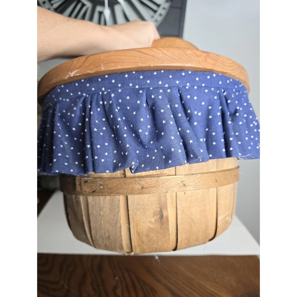 Vtg Wood Sewing Box Basket with Double Flip Top Doors Lid Carrying Handle Heart